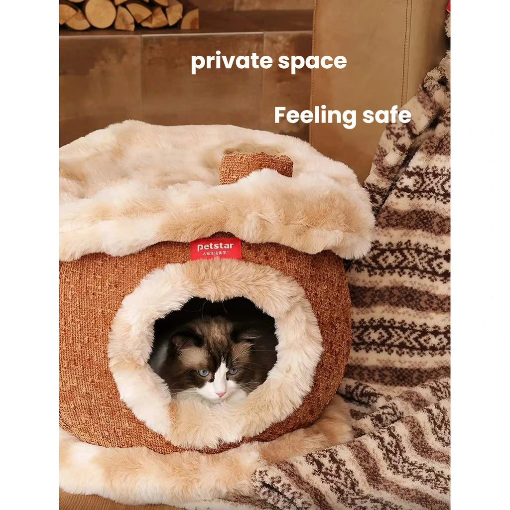 Cat curled inside the covered Petstar winter bed