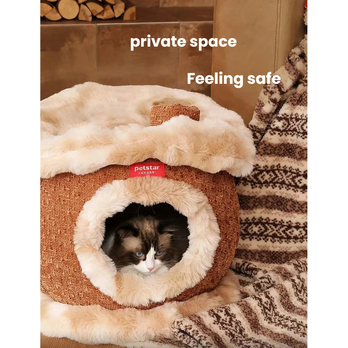 Cat curled inside the covered Petstar winter bed