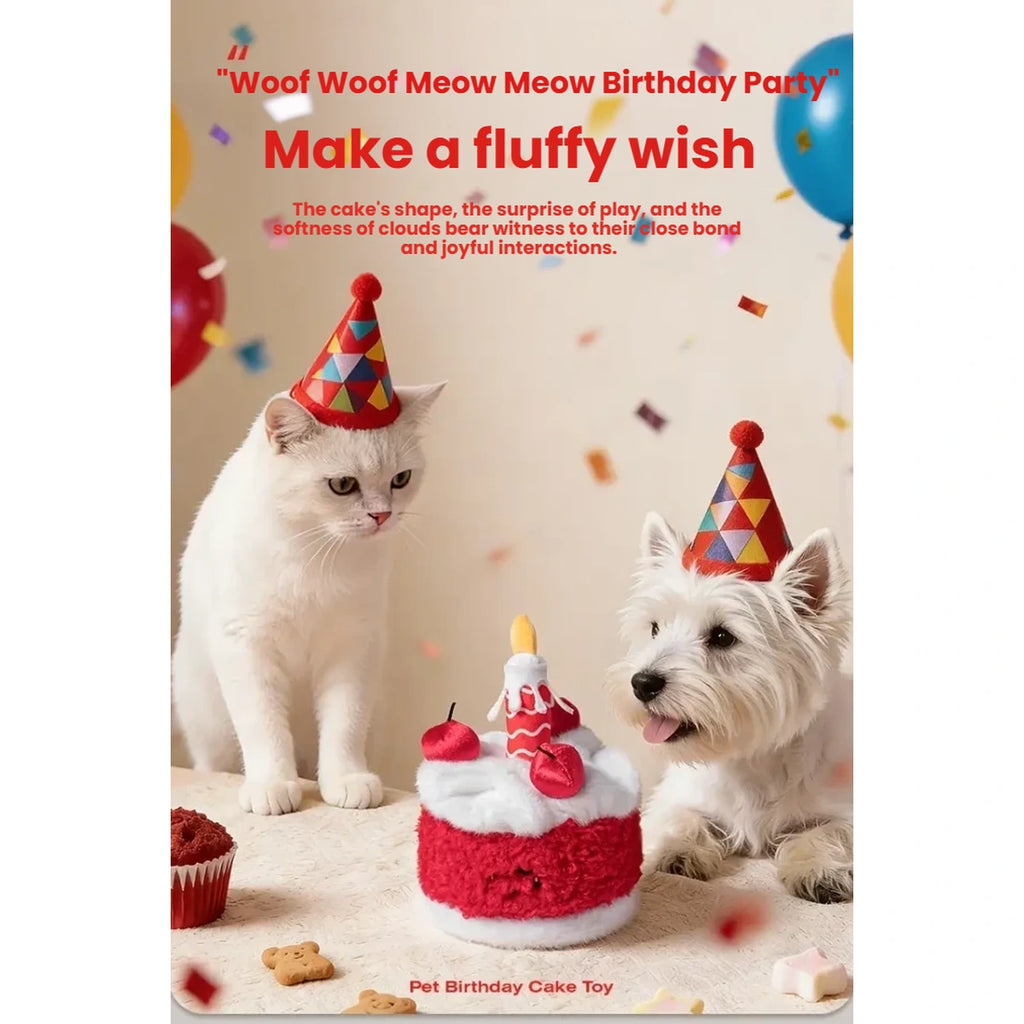 Dogs and cats beside the Petstar birthday cake toy