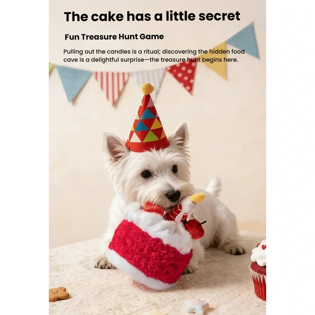 Treat being placed into a pocket in the birthday cake toy