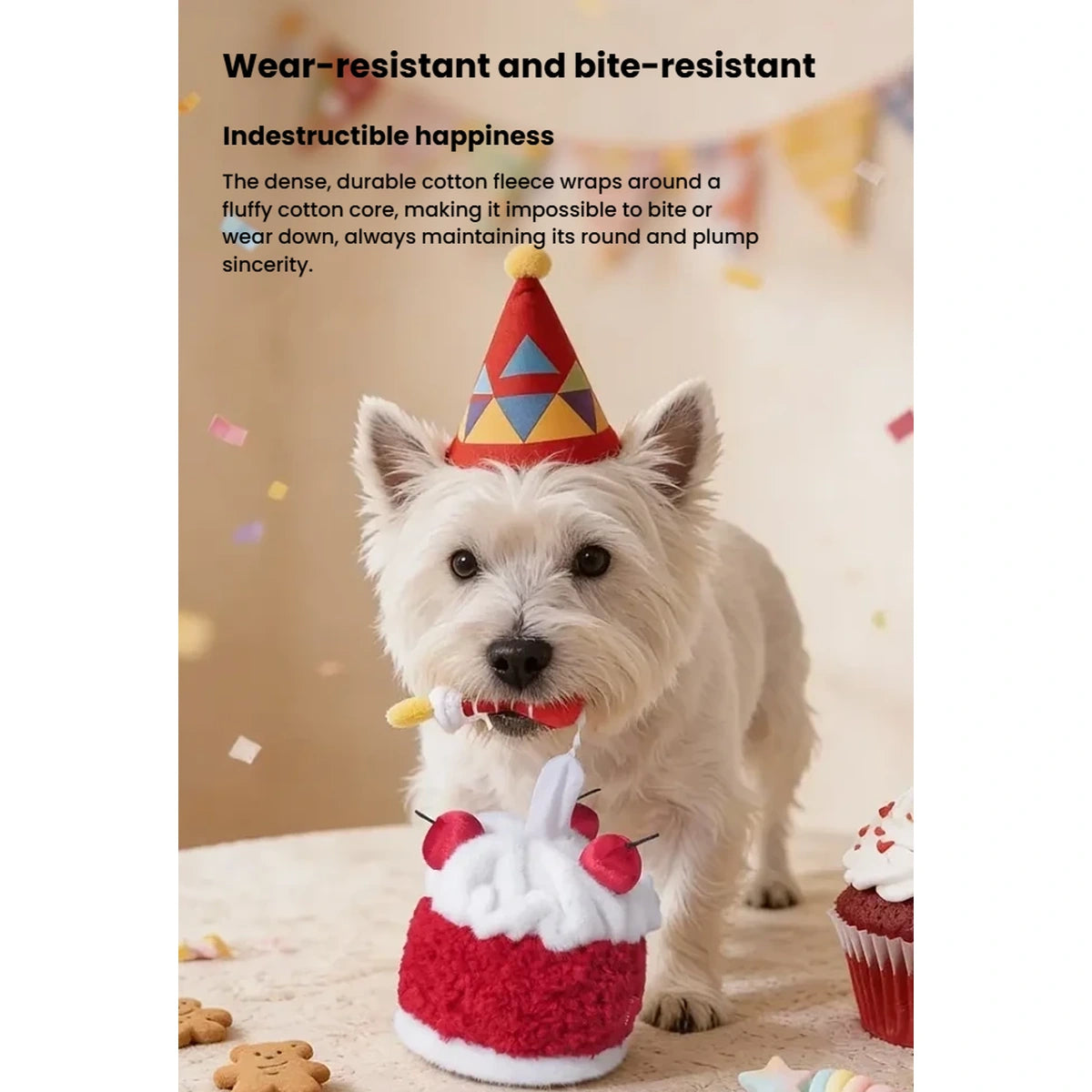 Dog playing with the soft Petstar birthday cake treat toy