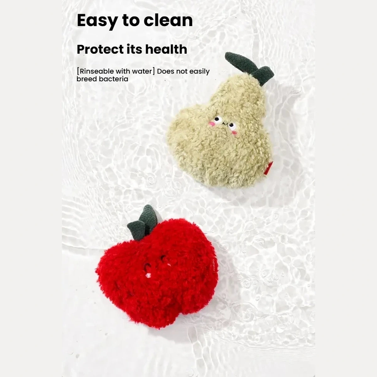 Petstar apple and pear plush toys shown after surface cleaning