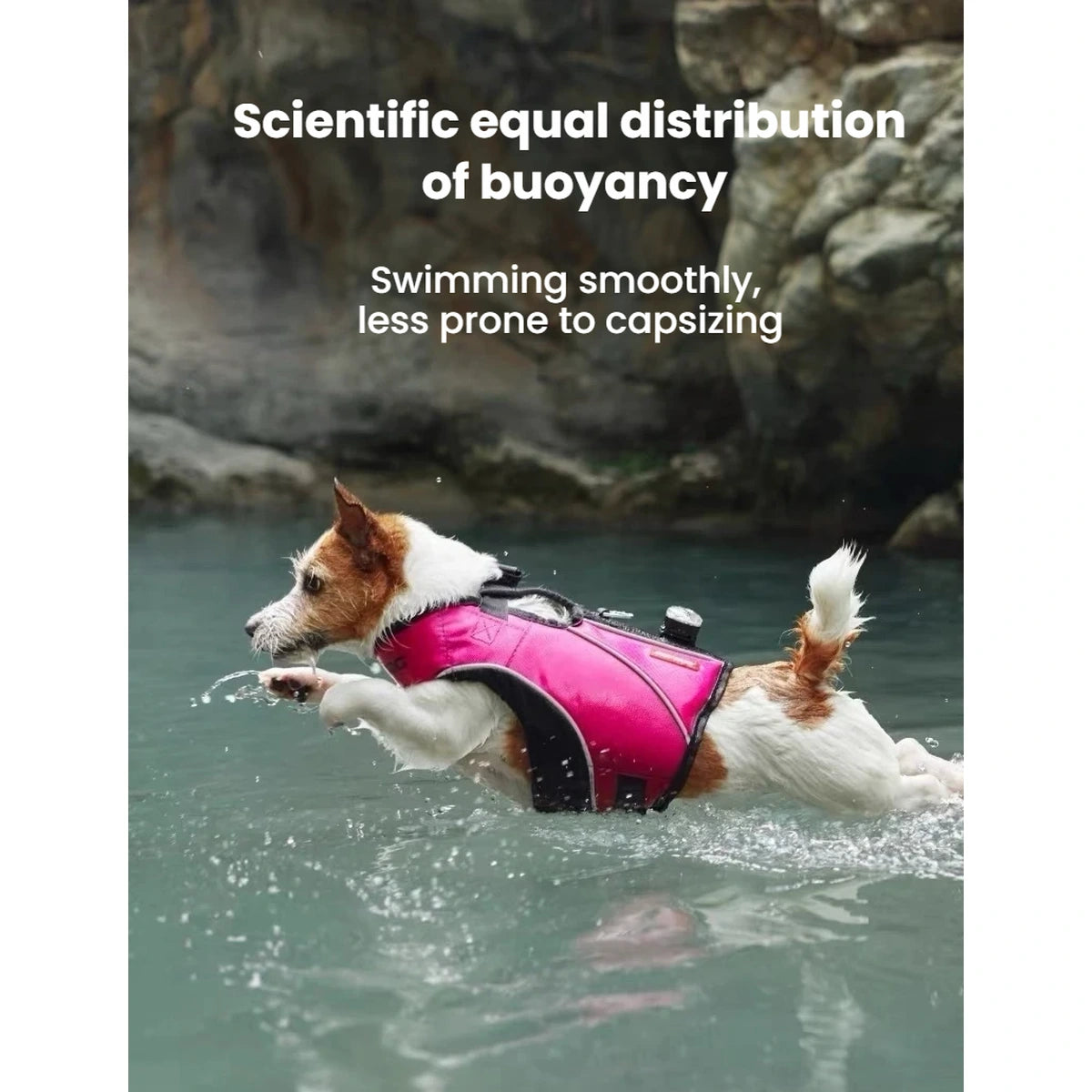Dog swimming in a pink EzyDog DFD X2 Boost life jacket