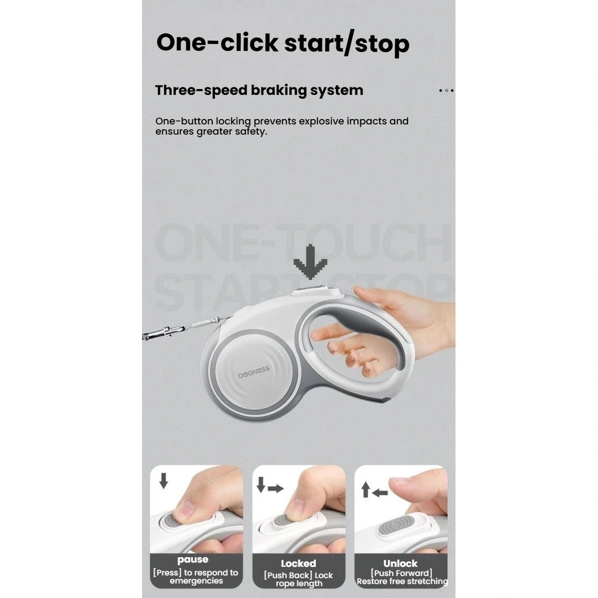 One-button brake control on the DOGNESS Liberty retractable leash