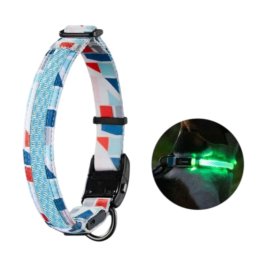 Mosaic Blue DOGNESS LED dog collar glowing green