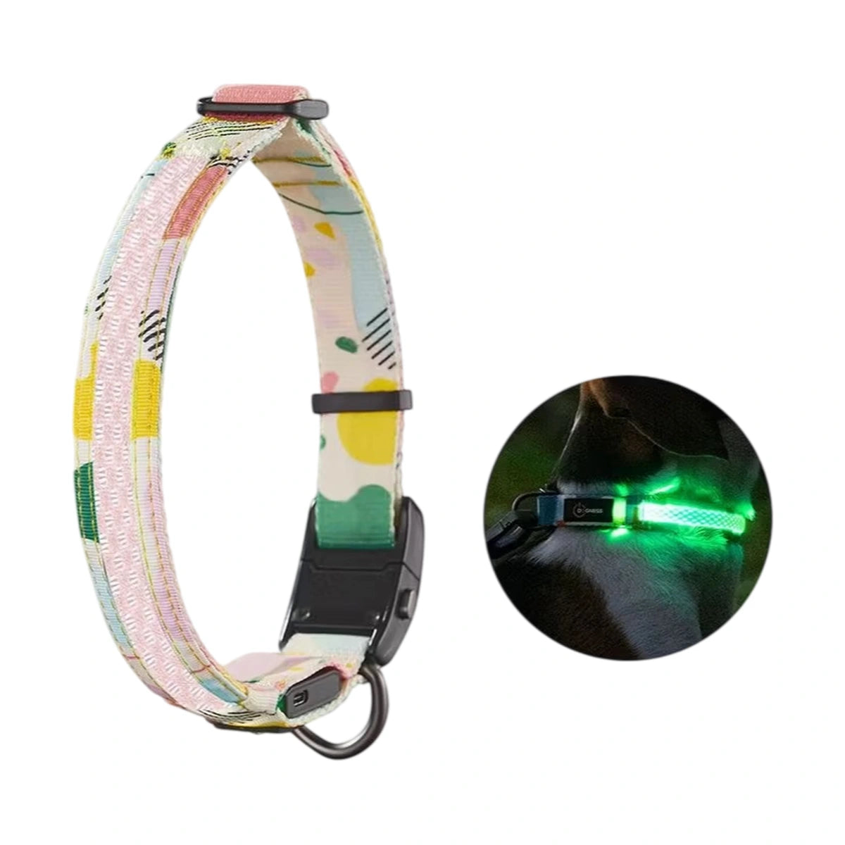Abstract Yellow DOGNESS LED dog collar glowing green