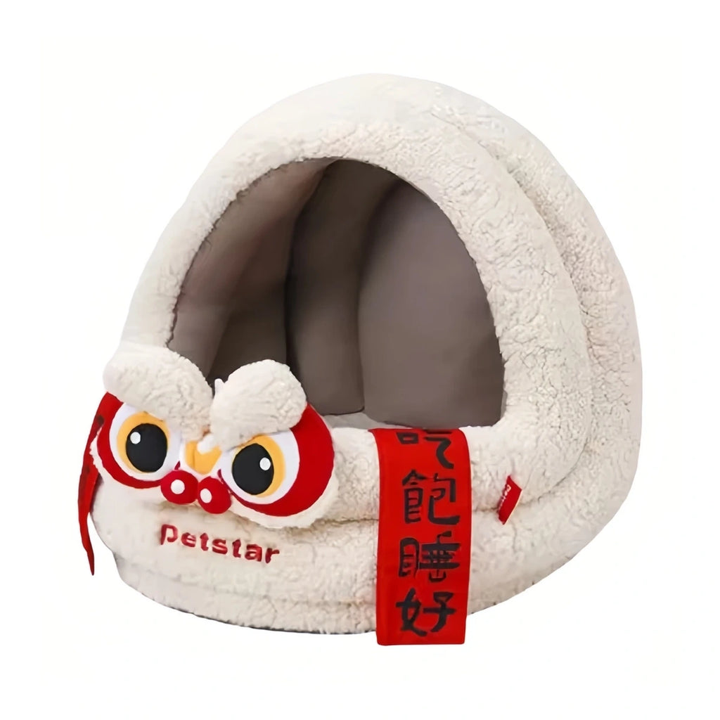 Cream Petstar enclosed cat bed with owl-style doorway