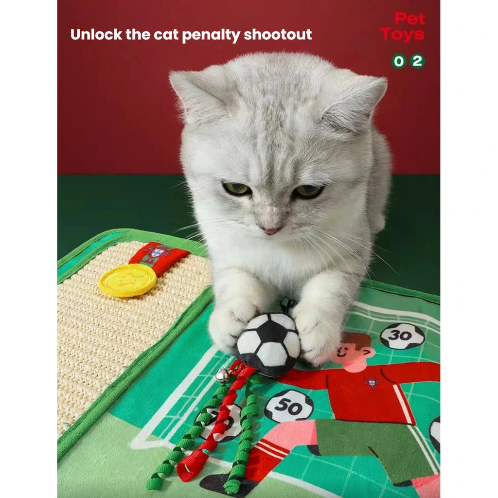 Cat using the sisal scratching area on the football play mat