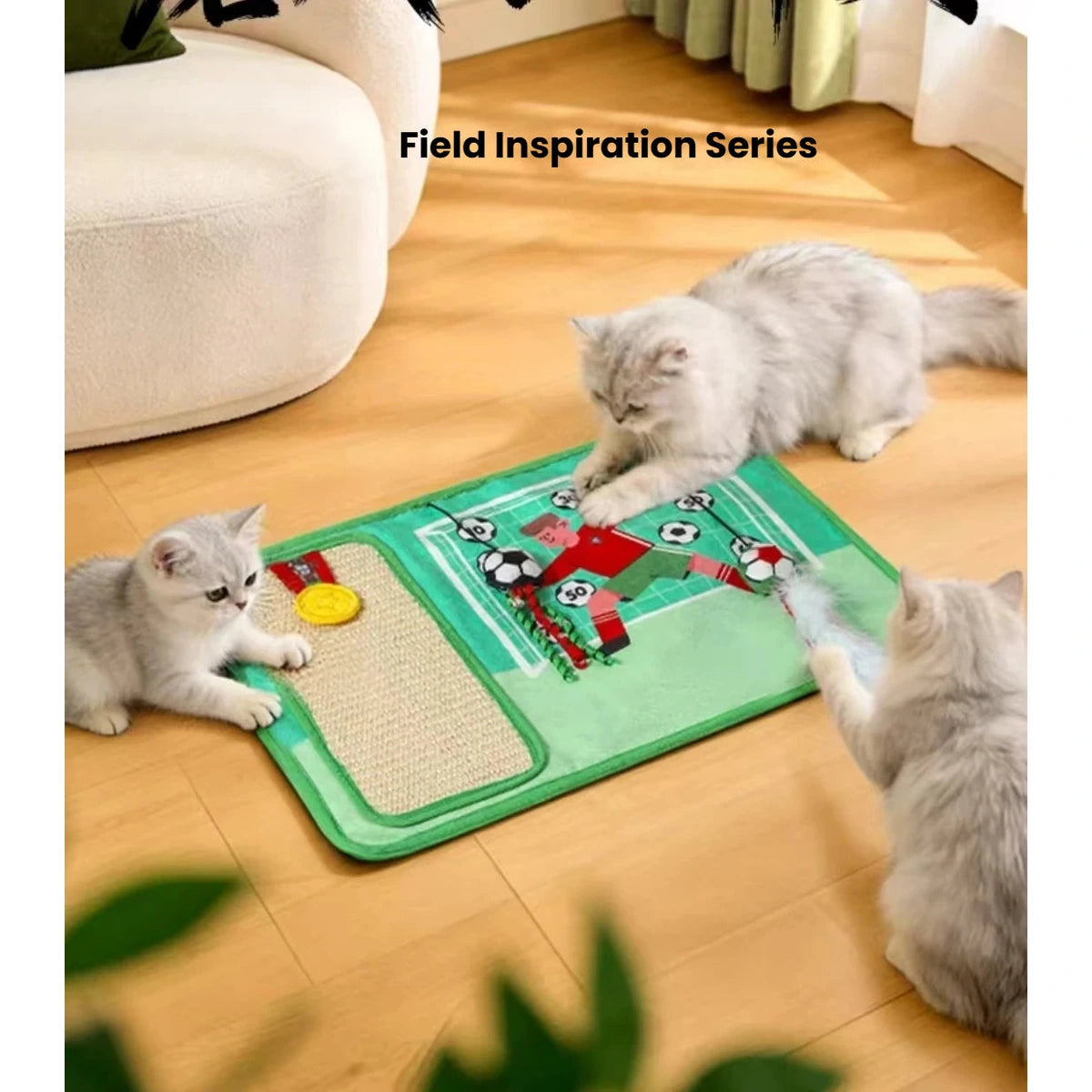Cat playing with the Portugal football-themed activity mat