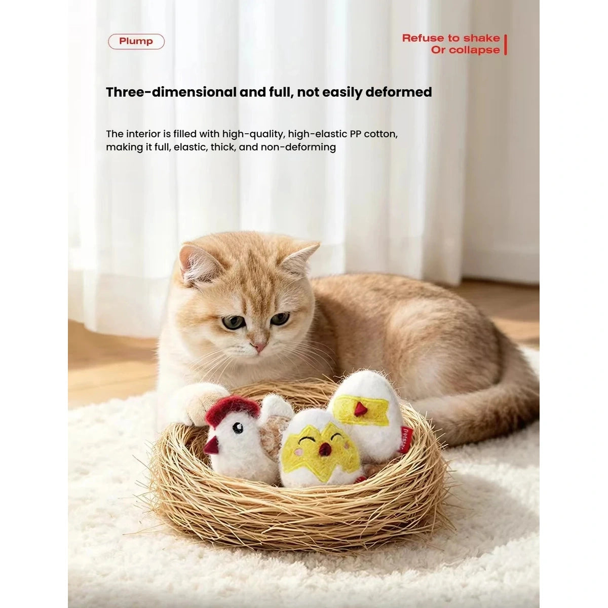 Cat resting with the chicken plush toys