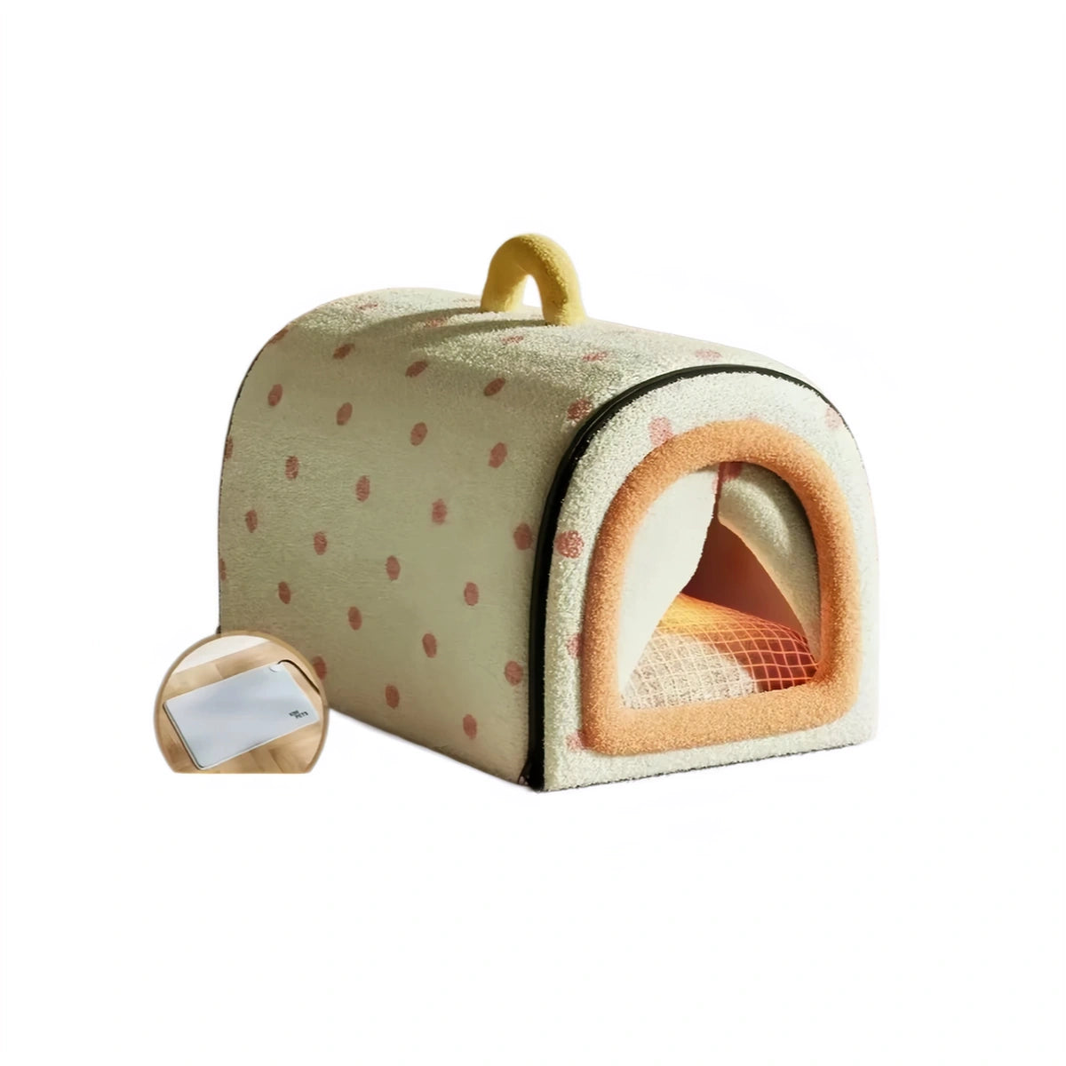Green enclosed heated cat bed with cushion and power lead