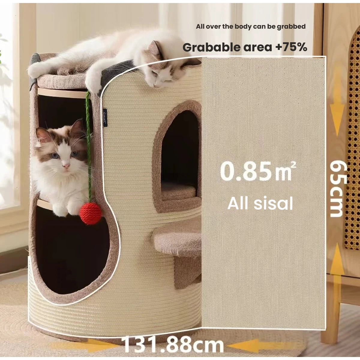 Scratchable exterior and size details of the cat tree house