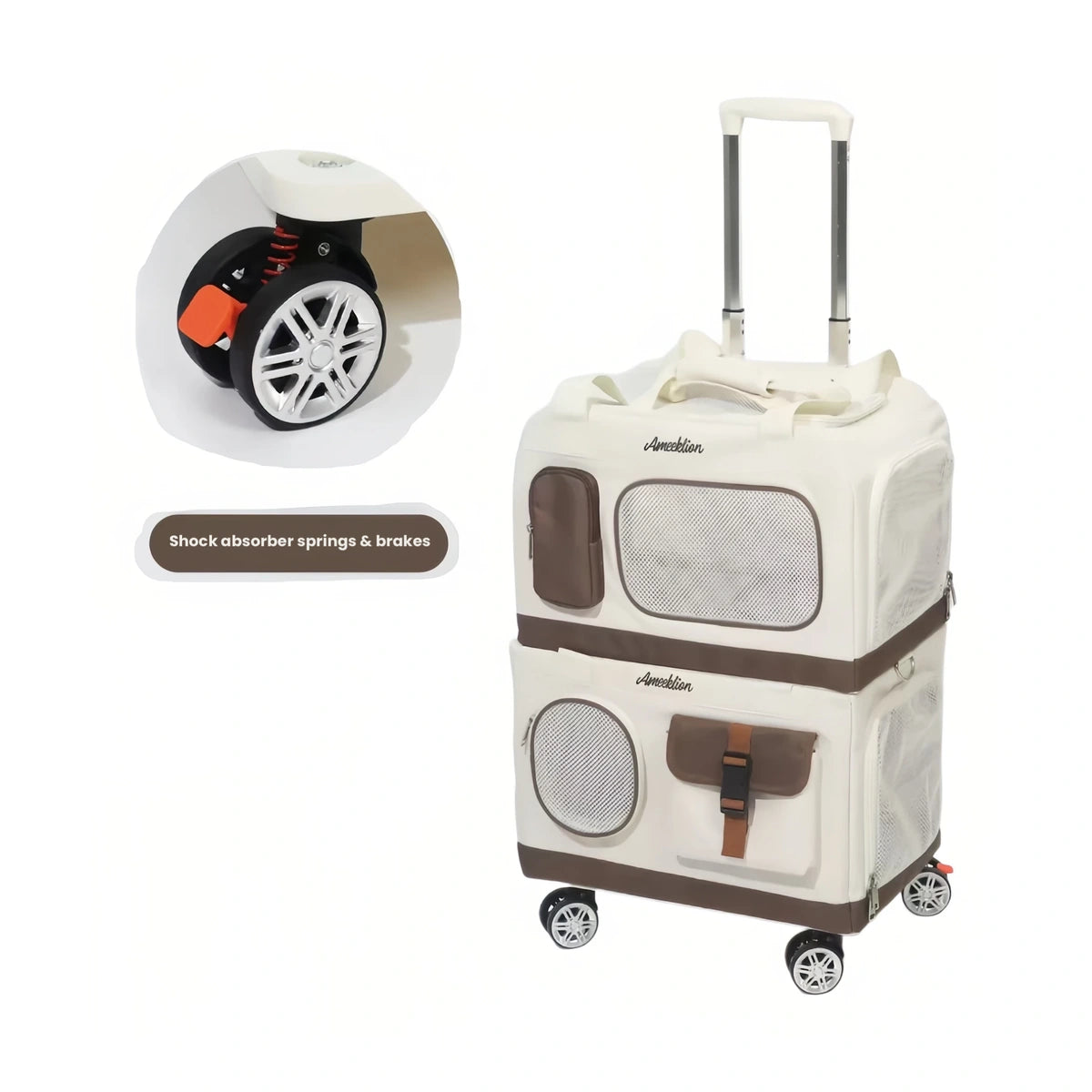 Double-layer wheeled cat carrier with retractable trolley handle